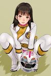  1girl belt black_hair blush bodysuit boots breasts eyebrows feet full_body helmet highres legs long_hair looking_at_viewer orange_eyes parted_lips sakuradou shiny shiny_hair simple_background sitting small_breasts smile solo squatting super_sentai thighs white_boots 