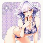  bare_arms bare_legs bare_shoulders bra braid breasts cleavage eyeliner hair_between_eyes izayoi_sakuya lace lace-trimmed_bra lace-trimmed_panties leaning_forward looking_at_viewer makeup medium_breasts mokokiyo_(asaddr) panties short_hair_with_long_locks silver_eyes silver_hair smile solo strap_slip touhou twin_braids underwear underwear_only 