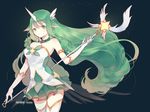  alternate_costume animal_ears artist_name bare_shoulders character_name gloves green_eyes green_hair green_skirt highres horn league_of_legends long_hair misononeko skirt solo soraka staff standing star_guardian_soraka very_long_hair white_gloves 