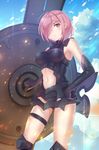  absurdres blush breasts closed_mouth eyebrows_visible_through_hair fate/grand_order fate_(series) hair_over_one_eye highres holding_shield holmemee large_breasts looking_at_viewer mash_kyrielight navel pink_hair purple_eyes shield short_hair solo 