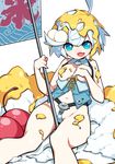  bare_arms bare_legs belt blue_eyes breasts cherry corset crotch_plate flag food fruit highres holding kaki_gohri looking_at_viewer medium_breasts messy navel open_mouth original personification shaved_ice silver_hair simple_background sitting smile solo white_background 