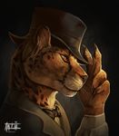  amber_eyes ambiguous_gender black_nose bow_tie cheetah claws clothing feline hat headshot_portrait inner_ear_fluff looking_away mammal portrait side_view slit_pupils solo spots suit tatiilange top_hat whiskers 