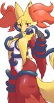  big_breasts blush breasts chiji delphox female navel nintendo open_mouth pok&eacute;mon red_eyes restrained simple_background solo standing tentacles video_games white_background 