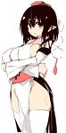  black_hair breast_hold breasts crossed_arms detached_sleeves hat kamukamu_(ars) large_breasts pelvic_curtain pointy_ears pom_pom_(clothes) red_eyes sash shameimaru_aya sidelocks simple_background sketch solo standing sweat thighhighs tokin_hat touhou white_background white_legwear 