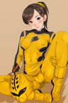  1girl black_eyes black_hair blush bodysuit boots breasts cameltoe covered_navel feet full_body gloves helmet highres legs looking_at_viewer matching_hair/eyes ponytail puffy_nipples sakuradou shiny shiny_hair simple_background sitting small_breasts smile solo stomach super_sentai thighs yellow_boots yellow_gloves 