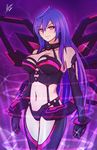  absurdres airisubaka blue_hair blush bodysuit breasts cleavage cowboy_shot dominatrix elbow_gloves gloves highres iris_heart jewelry kami_jigen_game_neptune_v large_breasts leotard long_hair looking_at_viewer midriff navel neptune_(series) power_symbol red_eyes smile solo stomach symbol-shaped_pupils very_long_hair wings 