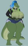  anthro big_breasts breasts collar crocodile crocodilian dbd female fishnet huge_breasts looking_at_viewer nipples reptile scalie slightly_chubby smile solo 