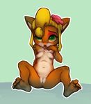  breasts coco_bandicoot crash_bandicoot_(series) female green_eyes looking_at_viewer merenhor nipples pawpads pussy shy simple_background solo spread_legs spreading video_games 
