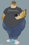  anthro clothed clothing dbd female fur hair looking_at_viewer mammal mustelid obese otter overweight phone smile solo standing whiskers 