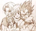  2girls black_eyes black_hair bra_(dragon_ball) brother_and_sister bulma couple crossed_arms dragon_ball dragon_ball_z earrings eyebrows_visible_through_hair family father_and_daughter father_and_son frown gloves happy hug hug_from_behind jewelry kerchief looking_at_viewer monochrome mother_and_daughter mother_and_son multiple_boys multiple_girls nervous short_hair siblings simple_background smile spiked_hair sweatdrop tied_hair tkgsize trunks_(dragon_ball) vegeta watch 