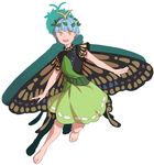  antennae bangs barefoot blue_hair blunt_bangs brown_eyes butterfly_wings dress eternity_larva green_dress leaf leaf_on_head looking_at_viewer mefomefo open_mouth outstretched_arms short_hair short_sleeves solo touhou wings yellow_eyes 