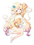  :d absurdres animal_print azit_(down) blonde_hair blush bunny_print closed_eyes cloud cloud_print eyebrows_visible_through_hair frilled_pillow frills from_side full_body head_tilt highres leg_up long_hair low_twintails magical_girl mahou_shoujo_ikusei_keikaku mahou_shoujo_ikusei_keikaku_unmarked multicolored_hair nemurin open_mouth pajamas pillow pink_hair purple_eyes shoes sleepy sleeves_past_wrists smile solid_circle_eyes solo triangle_mouth twintails very_long_hair white_background white_footwear 