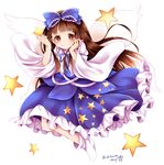  bangs blue_bow blue_dress blue_ribbon blunt_bangs bow brown_eyes brown_hair chikuwa_savi dress fairy_wings full_body hair_bow hime_cut long_hair long_sleeves ribbon simple_background smile socks solo star star-shaped_pupils star_print star_sapphire symbol-shaped_pupils touhou twitter_username white_background white_legwear wide_sleeves wings 