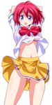  arms_behind_back bangs blouse blue_eyes bow bra collared_blouse cowboy_shot crotch_seam eyebrows_visible_through_hair frilled_bra frilled_panties frills hibikino_high_school_uniform highres hinomoto_hikari kikuchi_tsutomu lace lace-trimmed_panties looking_at_viewer miniskirt mole mole_under_eye navel open_mouth panties pink_bra pink_panties red_bow red_hair school_uniform short_hair short_sleeves simple_background skirt smile solo standing striped striped_skirt tokimeki_memorial tokimeki_memorial_2 underwear upshirt white_background white_blouse yellow_skirt 