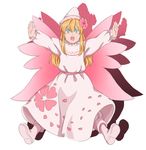  blonde_hair blue_eyes dress facing_viewer fairy_wings floral_print flower hair_flower hair_ornament hat lily_white mefomefo outstretched_arms petals pink_flower pink_footwear shoes solo touhou white_dress white_hat wings 