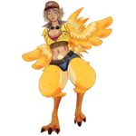  anthro avian baseball_cap blonde_hair chocobo cindy_aurum clothed clothing female final_fantasy final_fantasy_xv hair hat olivano_(artist) simple_background solo square_enix standing transformation video_games 