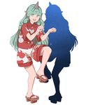  buttons cloud_print curly_hair different_reflection geta green_eyes green_hair highres horn kariyushi_shirt komano_aun long_hair looking_at_viewer mefomefo open_mouth paw_pose red_shirt reflection shirt shorts smile solo toes touhou white_shorts 