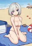  azu_(azusayumix) beach bikini blue_eyes blush breasts cleavage day eyes_visible_through_hair hair_ornament hair_over_one_eye hairclip hamakaze_(kantai_collection) kantai_collection large_breasts looking_at_viewer short_hair silver_hair sitting solo swimsuit wariza white_bikini 