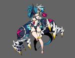  absurdres ass_visible_through_thighs bad_id bad_pixiv_id bare_legs barefoot belt blue_hair breasts claws commentary_request full_body green_eyes grey_background hair_ornament highres horn kaki_gohri original simple_background small_breasts solo stitches tail thigh_gap 