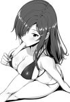  amano_don bare_arms bare_legs bikini breasts cleavage eating food greyscale hair_over_one_eye halter_top halterneck highres large_breasts long_hair looking_at_viewer messy monochrome popsicle simple_background sitting solo swimsuit white_background 