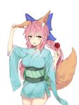  animal_ears blue_bow blush bow breasts candy_apple eyebrows_visible_through_hair fate_(series) food fox_ears fox_tail hair_bow highres large_breasts long_hair looking_at_viewer parted_lips pink_hair sdustz smile solo tail tamamo_(fate)_(all) tamamo_no_mae_(fate) twintails yellow_eyes 