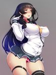  :p black_hair black_legwear blush breasts collar gloves grey_background highres isokaze_(kantai_collection) kantai_collection large_breasts leash long_hair nipples partially_visible_vulva puffy_nipples pussy_juice raised_eyebrows simple_background skindentation skirt solo thighhighs thighs tongue tongue_out torisan very_long_hair 