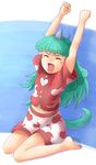  ^_^ arms_up bare_legs barefoot blue_background blush_stickers closed_eyes cloud_print commentary fantuan_xie full_body green_hair highres horn kariyushi_shirt komano_aun long_hair midriff_peek navel open_mouth plantar_flexion short_sleeves shorts single_tear sitting solo stretch tail touhou wariza yawning 