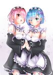  absurdres blue_eyes blue_hair blush breast_press breasts cleavage closed_mouth eyebrows_visible_through_hair eyes_visible_through_hair hair_over_one_eye highres holding_hands holmemee large_breasts looking_at_viewer multiple_girls open_mouth pink_eyes pink_hair ram_(re:zero) re:zero_kara_hajimeru_isekai_seikatsu rem_(re:zero) siblings sisters smile symmetrical_docking twins 