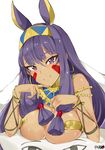 absurdres bangs bare_shoulders blunt_bangs blush bracelet breast_press breasts closed_mouth commentary dark_skin earrings egyptian egyptian_clothes facial_mark fate/grand_order fate_(series) hair_between_eyes hair_tubes hairband highres hoop_earrings jewelry large_breasts long_hair looking_at_viewer lying medjed nitocris_(fate/grand_order) on_stomach purple_eyes purple_hair revealing_clothes sidelocks smile solo tuxedo_de_cat under_covers 