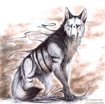  2010 canine feral fur grey_fur heterochromia male mammal paws pink_nose solo tatchit traditional_media_(artwork) wolf 