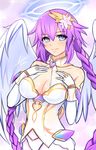  airisubaka angel_wings bare_shoulders blue_eyes braid breasts choujigen_game_neptune cleavage closed_mouth cowboy_shot elbow_gloves flower four_goddesses_online:_cyber_dimension_neptune gloves hair_flower hair_ornament halo jewelry large_breasts long_hair looking_at_viewer neptune_(series) power_symbol purple_hair purple_heart smile solo symbol-shaped_pupils thigh_gap thighhighs tied_hair twin_braids very_long_hair white_legwear wings 