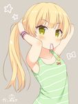  &gt;:) adjusting_hair armpits artist_name badge bangs bare_arms blonde_hair blush bow button_badge casual closed_mouth collarbone commentary_request eyebrows_visible_through_hair green_shirt grey_background hair_tie hair_tie_in_mouth idolmaster idolmaster_cinderella_girls jougasaki_rika kaiware-san long_hair looking_at_viewer mouth_hold red_bow shiny shiny_skin shirt signature simple_background smile smiley_face solo star striped striped_tank_top sweatband tank_top tying_hair v-shaped_eyebrows yellow_eyes 