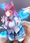  academy_ahri ahri animal_ears black_legwear breasts double_v fox_ears fox_tail hair_ornament hairclip heart heart_hair_ornament large_breasts league_of_legends lips long_hair looking_at_viewer multiple_tails red_hair school_uniform skirt solo tail thighhighs v whisker_markings yellow_eyes 