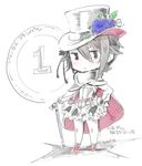  &gt;:( akiya_yukie ange_(princess_principal) artist_name blue_eyes blush brown_hair cane cape chibi commentary_request corset flower frown full_body fur_collar hair_between_eyes hand_on_hip hat highres long_sleeves looking_at_viewer number pouch princess_principal shirt sketch solo spot_color standing top_hat translation_request v-shaped_eyebrows white_background ||_|| 