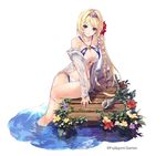  bare_legs bare_shoulders bikini blonde_hair blue_eyes bracelet braid breasts cleavage cleavage_cutout collarbone company_name crown dare_ga_tame_no_alchemist dock eyebrows_visible_through_hair flower hair_flower hair_ornament hairband highres jewelry large_breasts long_hair looking_at_viewer official_art partially_submerged pink_lips seashell see-through shell side_braid sitting smile swimsuit water wet wet_clothes yauras_(dare_ga_tame_no_alchemist) 