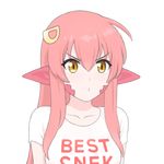  closed_mouth clothes_writing english hair_ornament hairclip lamia long_hair miia_(monster_musume) monster_girl monster_musume_no_iru_nichijou pink_hair pointy_ears pout scales shirt shpo solo t-shirt transparent_background upper_body yellow_eyes 