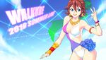 armpits bikini blue_eyes bracelet breasts check_commentary commentary_request day earrings hair_ribbon jewelry kaname_buccaneer macross macross_delta medium_breasts mismatched_bikini necklace red_hair ribbon ring sky solo swimsuit tombsakura two-tone_swimsuit 