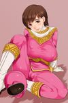  1girl belt blush bodysuit boots breast_press breasts brown_eyes brown_hair cameltoe chouriki_sentai_ohranger erect_nipples feet full_body gloves helmet highres holster huge_breasts legs looking_at_viewer maruo_momo matching_hair/eyes oh_pink parted_lips puffy_nipples sakuradou shiny shiny_hair short_hair simple_background sitting smile solo spread_legs super_sentai thighs visor white_boots white_gloves 