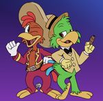  2017 anthro avian beak bird brown_eyes chicken cigar clothed clothing disney duo feathers fully_clothed green_feathers hat itoruna jos&eacute;_carioca one_eye_closed panchito_pistoles parrot simple_background standing the_three_caballeros wink 