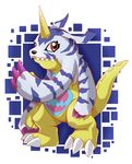  blue_fur claws digimon fangs fur gabumon horn male purple_claws red_eyes sarah_richford simple_background solo white_background yellow_skin 