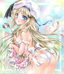  apron artist_name ass at_classics bangs bat_hair_ornament blonde_hair blue_eyes blush breasts covered_nipples cowboy_shot eyebrows_visible_through_hair frilled_apron frills from_side hair_ornament hat holding ladle little_busters! long_hair looking_at_viewer medium_breasts noumi_kudryavka open_mouth panties sample solo strap_slip traditional_media underwear very_long_hair watermark white_panties 