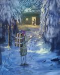  backpack bag from_behind hat house long_hair looking_at_another medicine_seller multiple_girls purple_hair reisen_udongein_inaba rock roke_(taikodon) snow touhou tree waving 