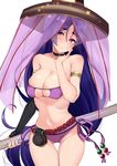  armlet ashino bikini black_gloves blush breasts cleavage closed_mouth collarbone commentary_request covered_nipples cowboy_shot elbow_gloves eyebrows_visible_through_hair eyepatch_bikini fate/grand_order fate_(series) gloves hand_on_own_face hat highres holding holding_sword holding_weapon large_breasts long_hair looking_at_viewer minamoto_no_raikou_(fate/grand_order) minamoto_no_raikou_(swimsuit_lancer)_(fate) navel purple_bikini purple_eyes purple_hair rope side-tie_bikini single_glove smile solo standing swimsuit sword thigh_gap transparent very_long_hair weapon 