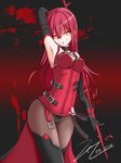  black_gloves blood blood_on_face blush breasts cleavage crimson_avenger_(elsword) elbow_gloves elesis_(elsword) elsword eyebrows_visible_through_hair gloves highres large_breasts long_hair looking_at_viewer parted_lips red_hair scarlet_zel smile solo yellow_eyes 
