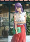  blue_eyes blush bracelet breasts casual closed_mouth contemporary cross cross_necklace earrings eyebrows_visible_through_hair fate/grand_order fate_(series) highres jewelry large_breasts long_hair looking_at_viewer necklace purple_hair red_skirt saint_martha skirt smile solo sugi87 
