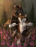  5_fingers anthro arrow black_nose bow brown_fur canine day detailed_background duo fur grey_fur holding_object holding_weapon male mammal open_mouth outside teeth weapon white_fur wolf wolnir yellow_eyes 