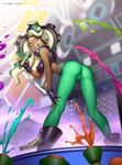  :d ass bare_shoulders bent_over black_hair breasts cameltoe concert covered_nipples crop_top dark_skin erotibot fang fingerless_gloves from_below gloves green_eyes green_hair green_legwear green_nails headphones iida_(splatoon) leaning_forward legs looking_back medium_breasts microphone midriff mole mole_under_mouth multicolored_hair nail_polish navel navel_piercing no_panties open_mouth paint pantyhose piercing pink_pupils short_shorts shorts skin_tight smile solo splatoon_(series) splatoon_2 stage standing symbol-shaped_pupils teeth tentacle_hair two-tone_hair zipper 