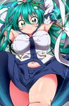  armpits belly belly_peek blush breasts bwell commentary_request covered_nipples detached_sleeves green_eyes green_hair highres hips kochiya_sanae large_breasts long_hair looking_at_viewer lying on_back plump skirt smile solo thick_thighs thighs touhou very_long_hair vest 