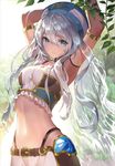  absurdres armlet armpits arms_up belt blue_eyes breasts closed_mouth day hair_between_eyes hat highres long_hair looking_at_viewer medium_breasts midriff navel original outdoors plant shiny shiny_hair silver_hair smile solo stomach teffish transparent wavy_hair 