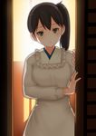  brown_eyes brown_hair closed_mouth commentary_request dress expressionless frills highres japanese_clothes kaga_(kantai_collection) kantai_collection kappougi long_sleeves masukuza_j short_hair side_ponytail solo white_dress 